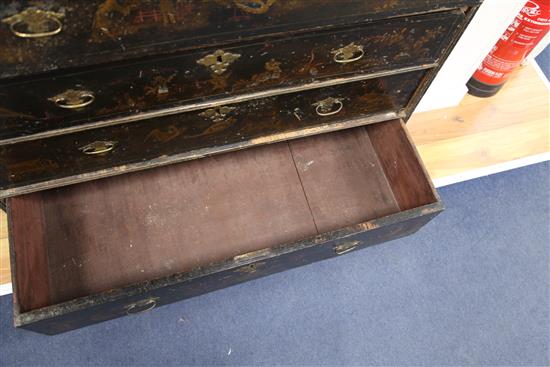 A William & Mary chinoiserie black japanned double dome top secretaire cabinet, W.3ft 6in. D.1ft 9in. H.6ft 5in.